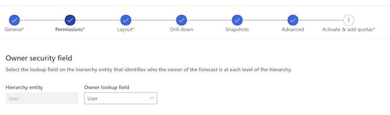 Screenshot that shows the Permissions step of the forecast configuration.