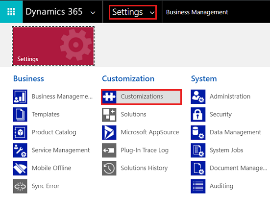 Select Customizations on the Settings page.
