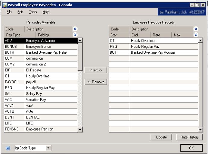 Screenshot of the Payroll Employee Paycodes detail.