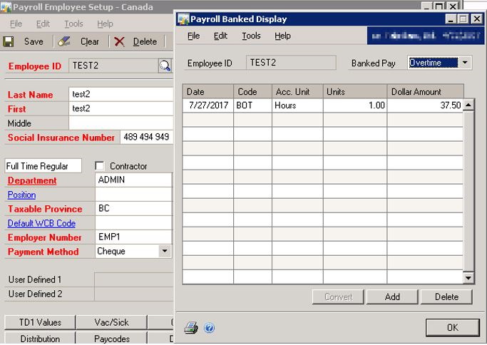 Screenshot of Payroll Banked Display details.