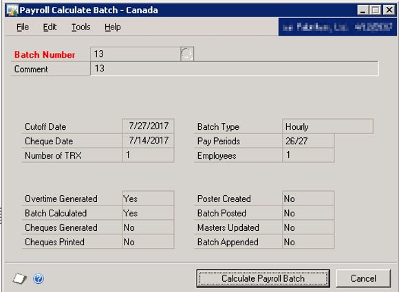Screenshot of the Payroll Calculate Batch - Canada window.