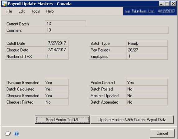 Screenshot of the Payroll Update Masters - Canada window.