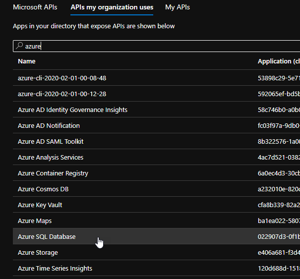 Screenshot that shows the Azure SQL Database API.