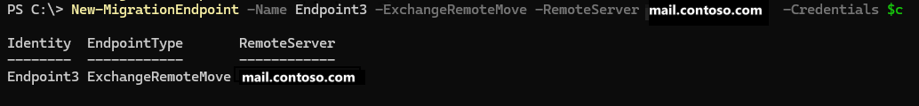 Screenshot of Exchange Online PowerShell command to create a new migration endpoint for an Exchange server.
