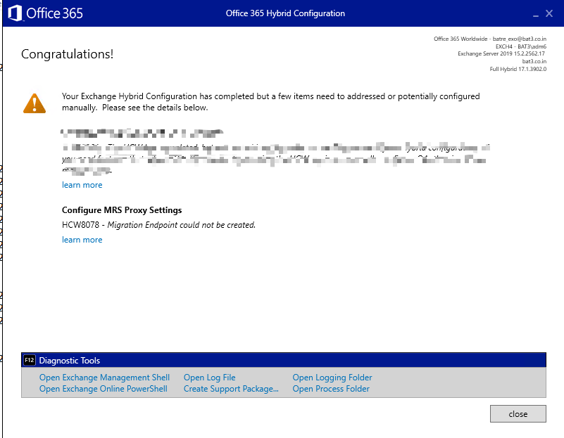 Screenshot of the Office 365 Hybrid Configuration Wizard with the error.