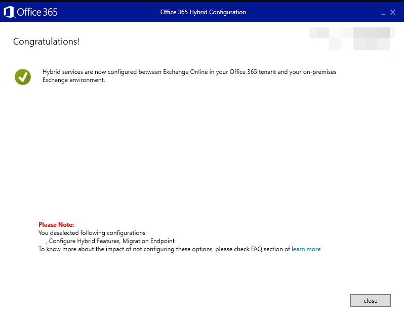 Screenshot of the successful configuration of hybrid configuration wizard.
