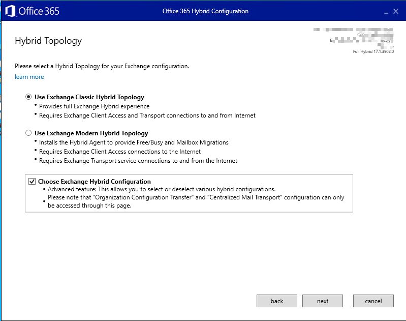 Screenshot of the Office 365 Hybrid Configuration Wizard configuration page showing options for Full and Modern Hybrid Topologies.