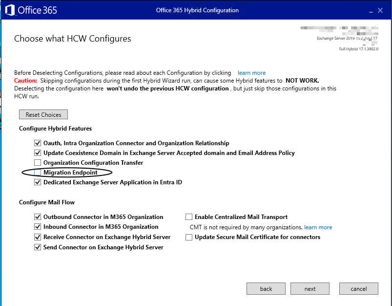 Screenshot of the Office 365 Hybrid Configuration wizard showing Migration Endpoint option unchecked