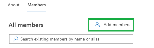 Screenshot of the Members tab showing the All members list with the Add members button highlighted.