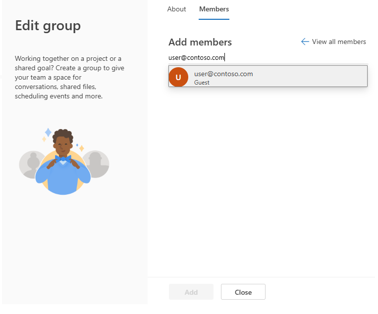 Screenshot of the Add members dialog box showing the email address of the external sender typed manually.