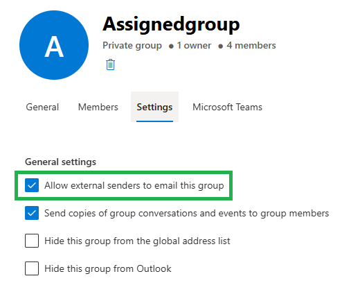 Screenshot of the Settings tab showing the Allow external senders to email this group option.