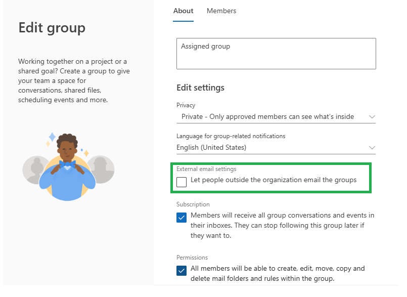 Screenshot of the Edit group dialog box showing the option that lets people outside the organization email the group.