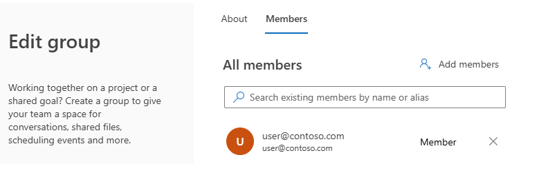 Screenshot of the Members tab showing the external sender listed as a member of the group.