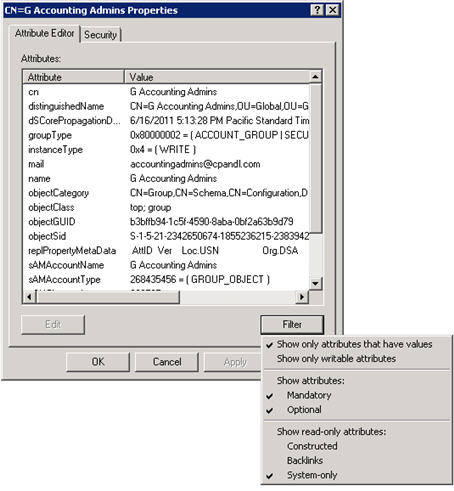 Screenshot of the Accounting Admin Properties dialog box showing the Filter and the Show only attributes that have values option.