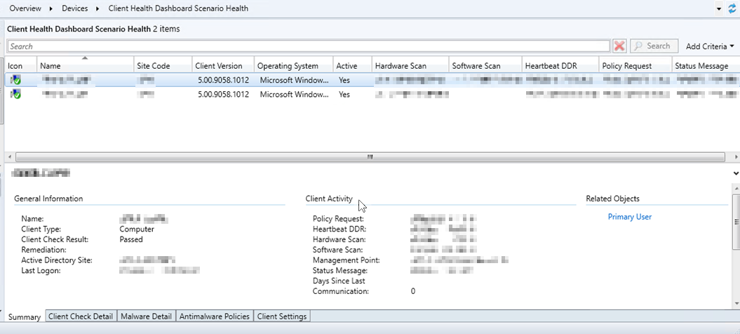 Screenshot of client health dashboard scenario health in the Configuration Manager console.