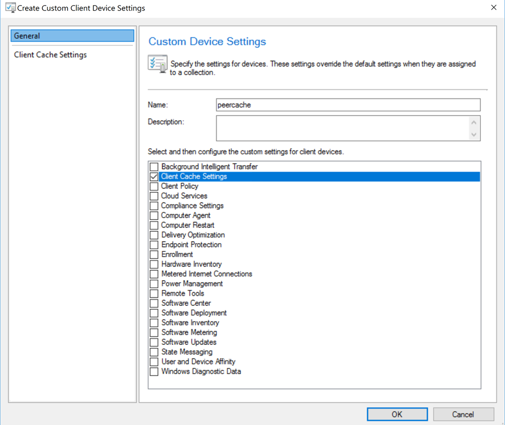 Screenshot highlights the Client Cache Settings in Create Custom Client Device Settings window.