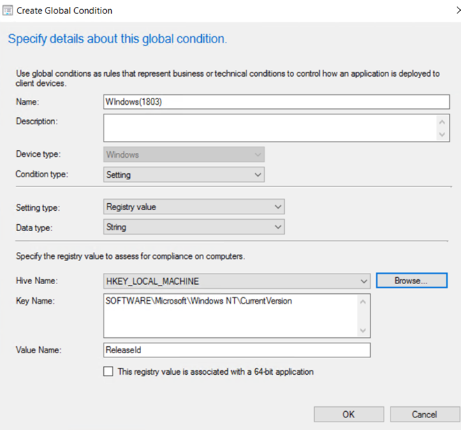 Screenshot of the details in the Create Global condition window.