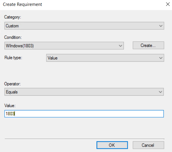 Screenshot shows value 1803 is entered in Create Requirement dialog box.