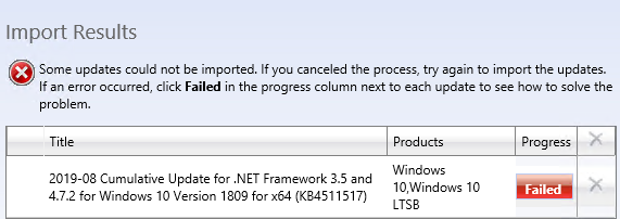 Screenshot of an update import failure.