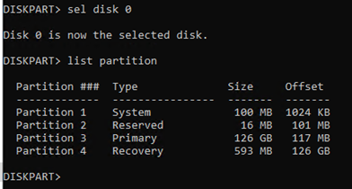 Screenshot of the list partition command output.