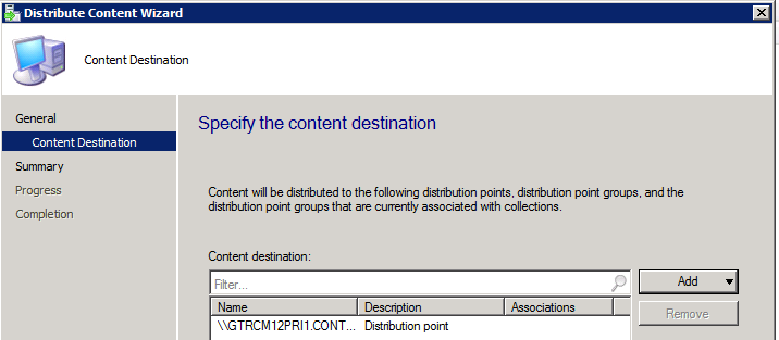 Screenshot of the Content Destination information.
