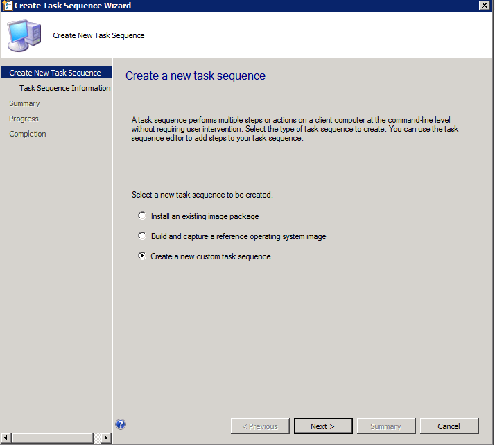 Screenshot of the Create a new custom task sequence page.