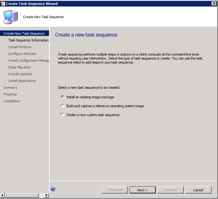 Screenshot of the Install an existing image package option.
