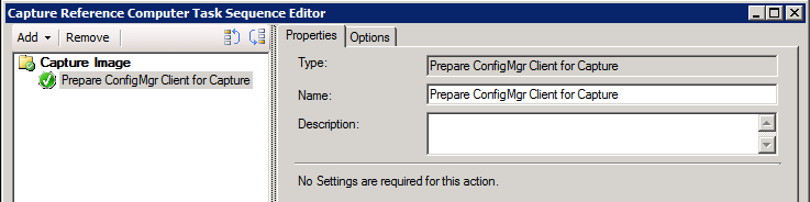 Screenshot of the Prepare ConfigMgr Client for Capture properties.