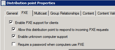 Screenshot of the PXE tab on Distribution point Properties.