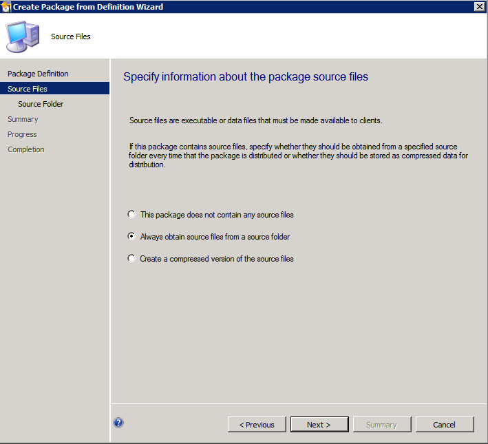 Screenshot of the Specify info about the package source files page.
