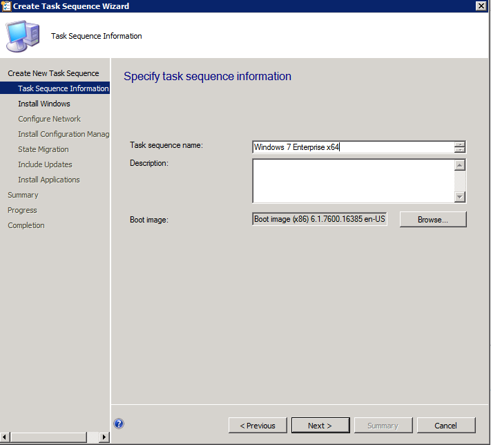 Screenshot of the Specify task sequence information page.