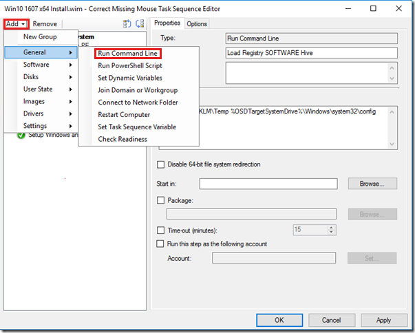 Screenshot shows the right-click menu to add Run Command Line task for Load Registry SOFTWARE Hive.