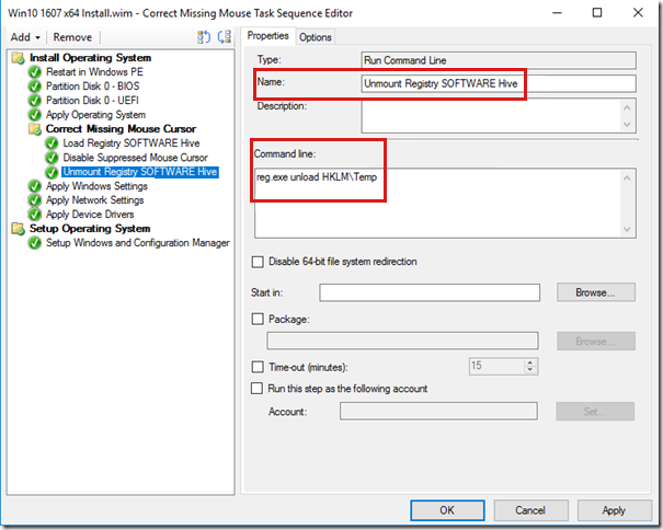 Screenshot shows the Unmount Registry SOFTWARE Hive properties where you can specify the name and command line for it.