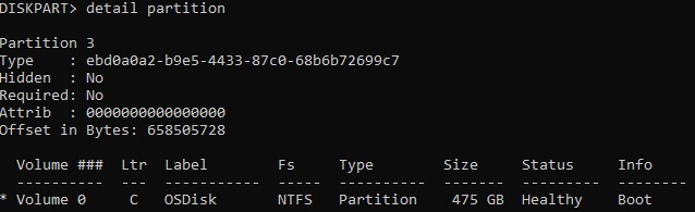 Screenshot of the detail partition command output.