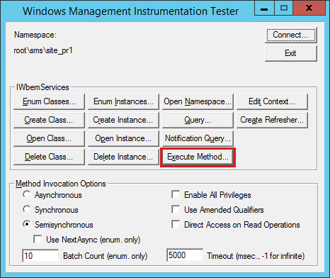 Screenshot of the Execute Method option in Windows Management Instrumentation Tester window.