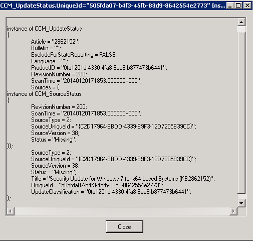 Screenshot of an instance of the CCM_UpdateStatus class.