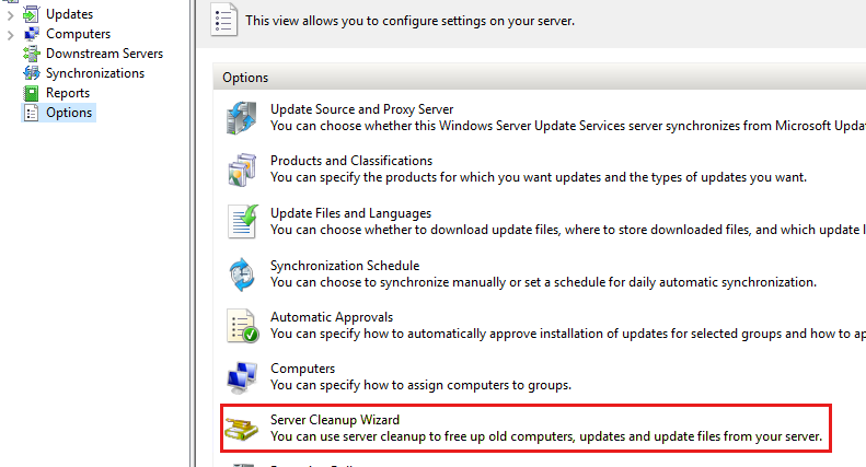 Screenshot of the WSUS Server Cleanup Wizard location page.