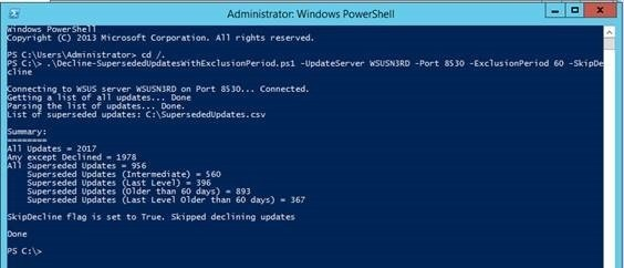Screenshot of the Windows PowerShell window running SkipDecline and ExclusionPeriod 60.