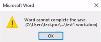 Screenshot of Word cannot complete the save error.