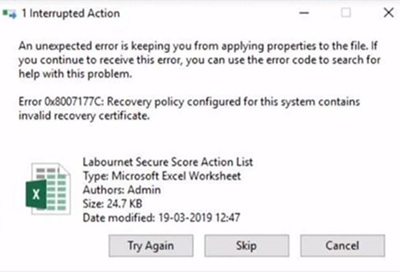 Screenshot of error 0x8007177C.