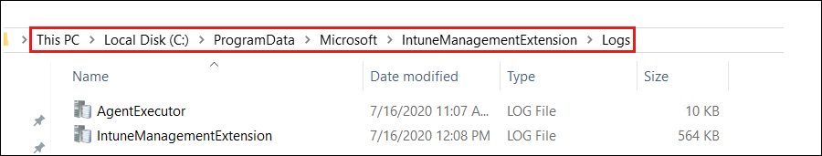 Screenshot shows the location for the log file of Intune Management Extension.