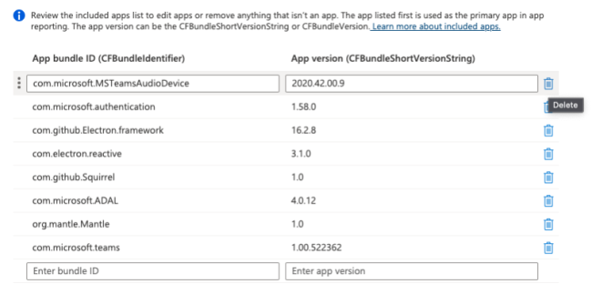 List of included apps in Intune.