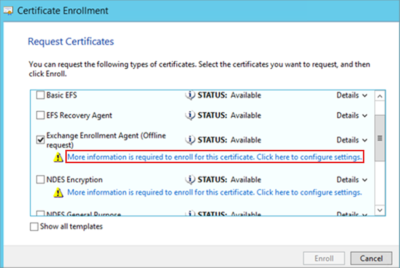 Screenshot of the Request Certificate page, where Exchange Enrollment Agent (Offline request) is selected.