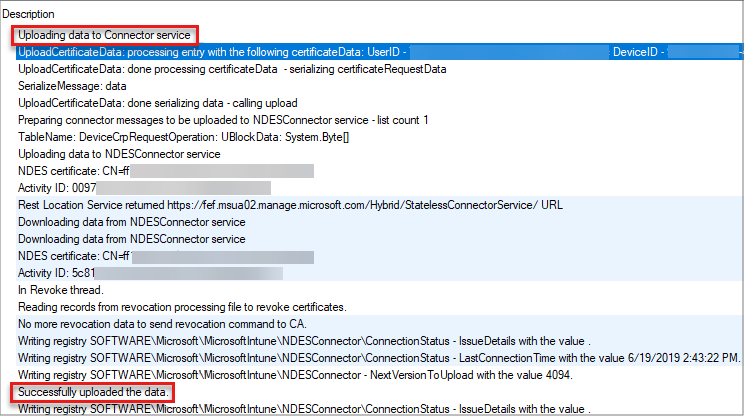 Screenshot of entries in the Intune Certificate Connector log.