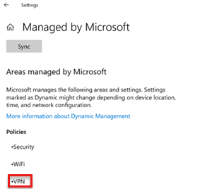 Screenshot that shows the VPN under Areas managed by Microsoft.