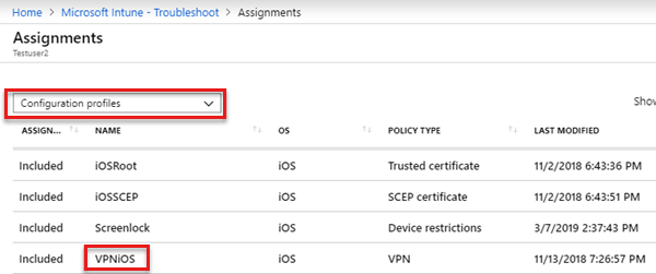 Screenshot that shows the assignment information on the Troubleshoot pane for iOS