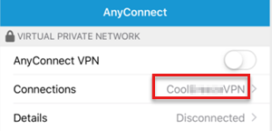 Screenshot that shows the VPN connection in the AnyConnect app.