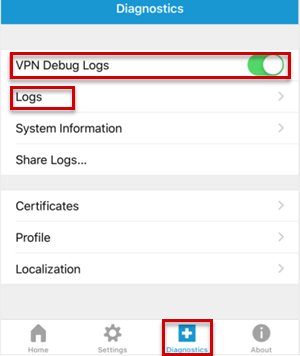 Screenshot that shows the VPN Debug Logs option.