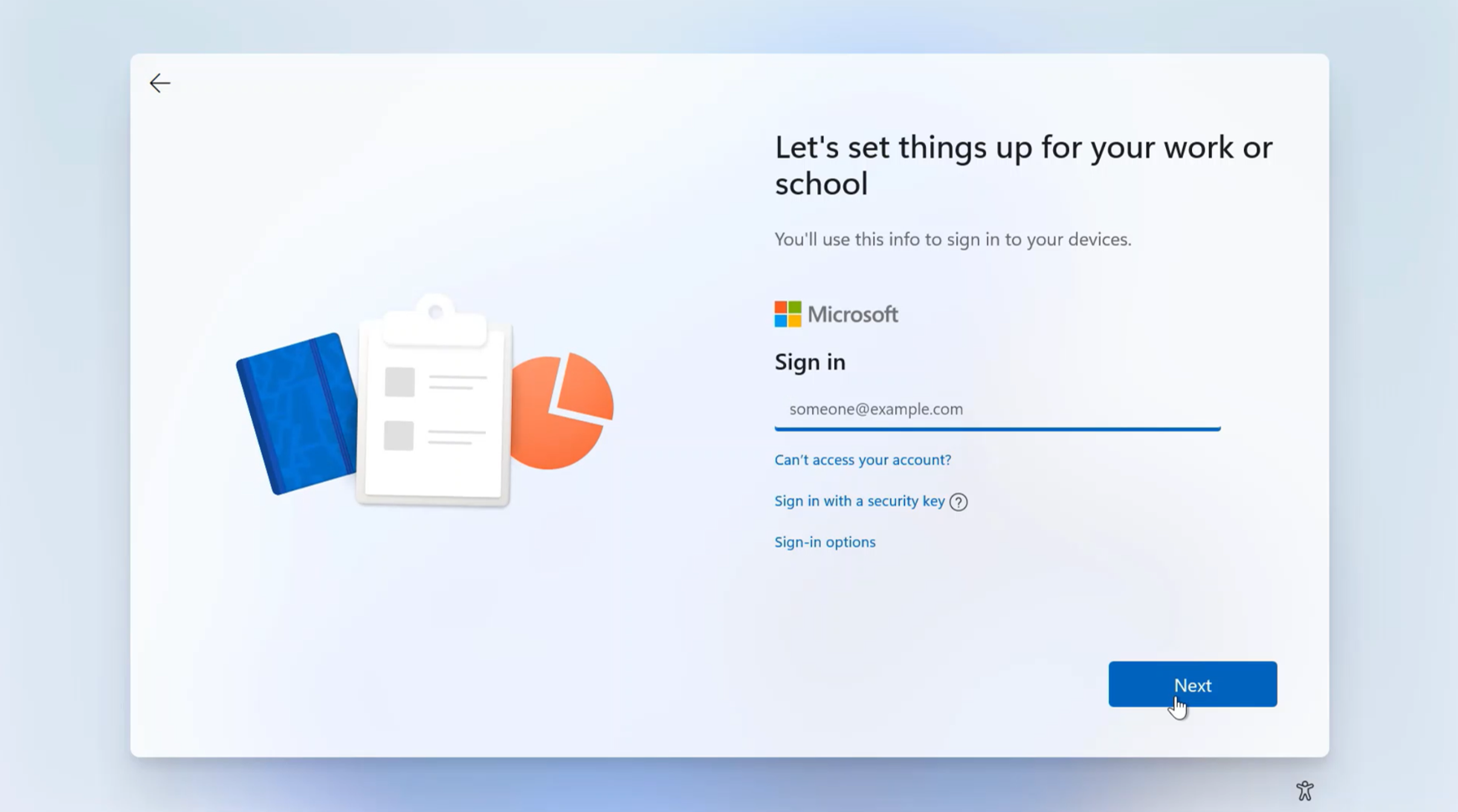 Windows sign-in screen for setting up a work or school account.