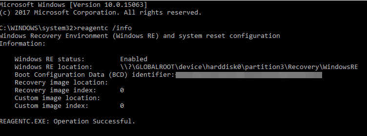 Screenshot of the output of Reagentc/info command, showing the Windows R E status is Enabled.